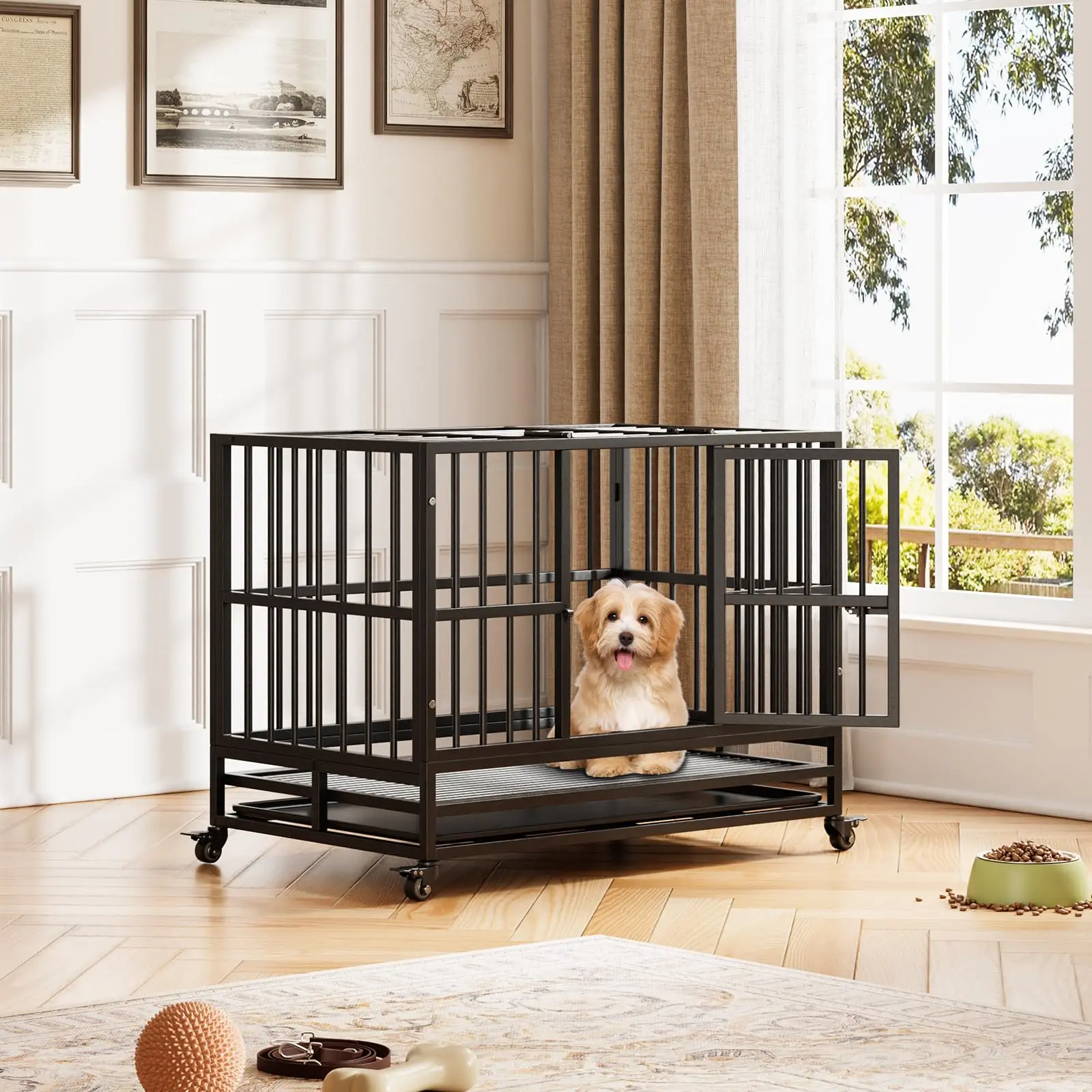 Garvee 37 Inch Heavy Duty Foldable Dog Crate with Double Doors, 360° Lockable Wheels, Removable Tray, Designed for Small to Medium Dogs, Easy to Clean and Assemble, Indoor Use