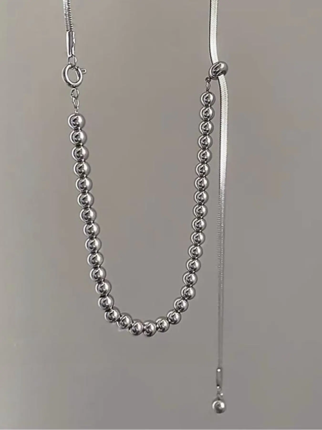 Adjustable Lariat Y Necklace for Women, Silver Round Bead Ball Chain Long Slide Pull Drop Necklaces, Minimalist Dainty Adjustable Neck Jewelry, Simple Trendy Fashion Accessory Suitable for Daily, Office and Casual Outfits