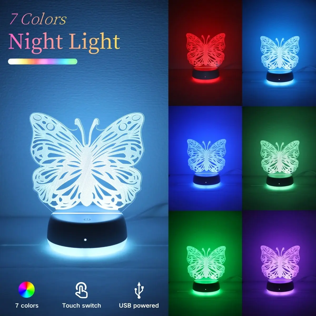 Butterfly 3D Night Light, USB Powered Touch Control, Seven Color Changing, Decorative Lamp for Kids Room, Living Room, Gift Idea