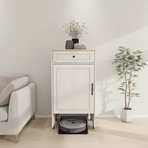 Antique White Rolling Storage Cabinet E1 MDF Triamine Veneer Wheel Cabinet Adjustable Compartment For Robot Vacuum Multi-Scene Organizer For Hall Kitchen Office Living Room
