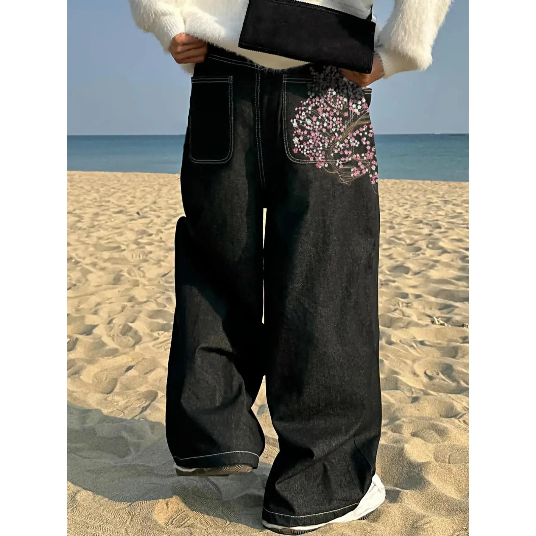 Men's Vintage Y2K Style Loose Wide Leg Jeans, Sakura Embroidered Straight Fit Street Fashion, Hip Hop Boyfriend Pants for Men