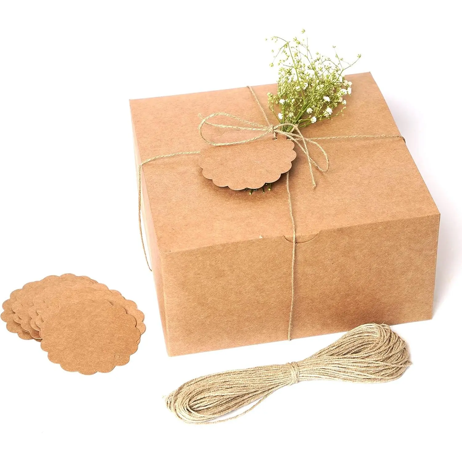 Boxes 10 Pack 8x8x4 Inches, Thick  Paper Boxes with , Tags & Jute Rope for Gifts, Wedding Favours, Bridesmaid Proposals, Cupcakes, Crafting