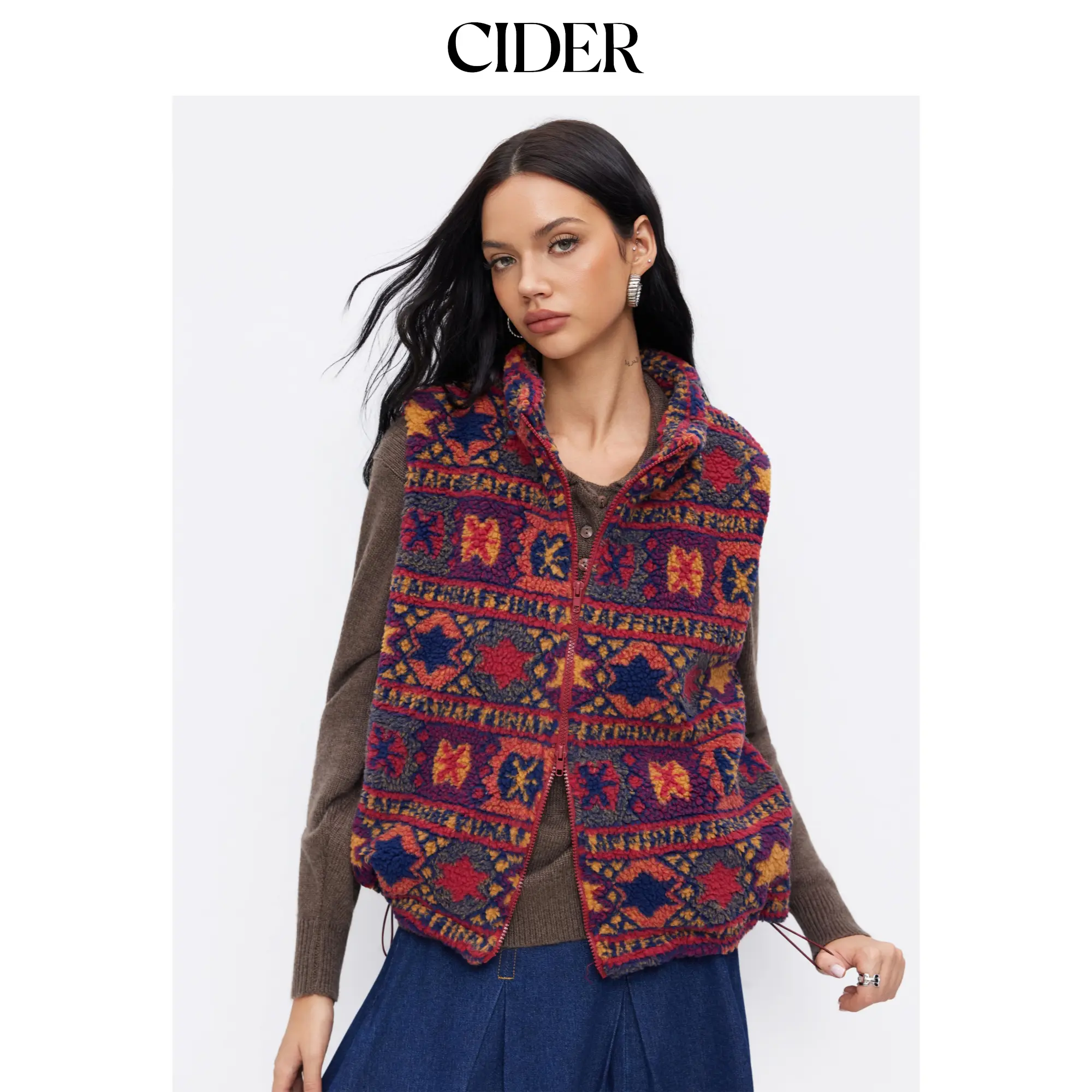 Cider Fleece Collar Geometric Drawstring Zip Through Jacket Vest