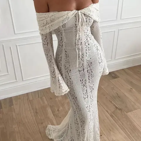 【Black Friday】Women's Plain Contrast Lace Off Shoulder Dress, Elegant Long Sleeve Dress for Party, Holiday and Wedding, Ladies Clothes for All Seasons