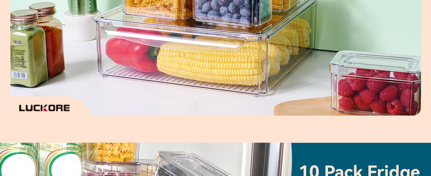 10 Pack Clear Fridge Organizer, Stackable Refrigerator Organizer Bins with Lids, Fridge Storage Containers for Kitchen, Food, Cabinets, Fruits, Vegetables, Cereals