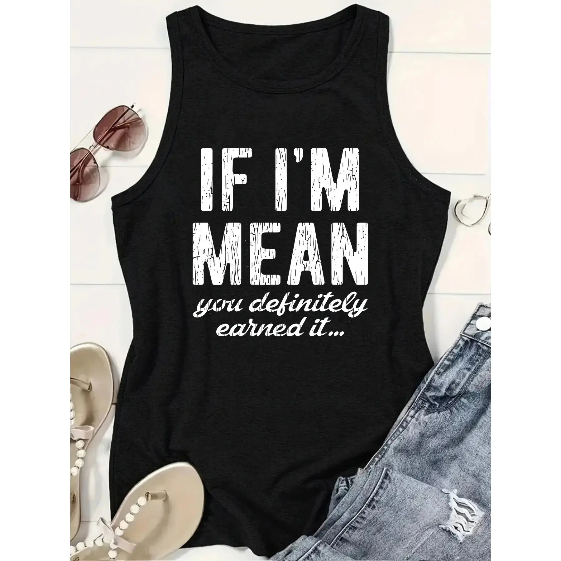 Women's Crew Neck Sleeveless Tank Top, If I'm Mean You Definitely Earned It Funny Quote Graphic, Casual Loose Fit Soft Breathable Daily Vest, Sassy Gift for Women