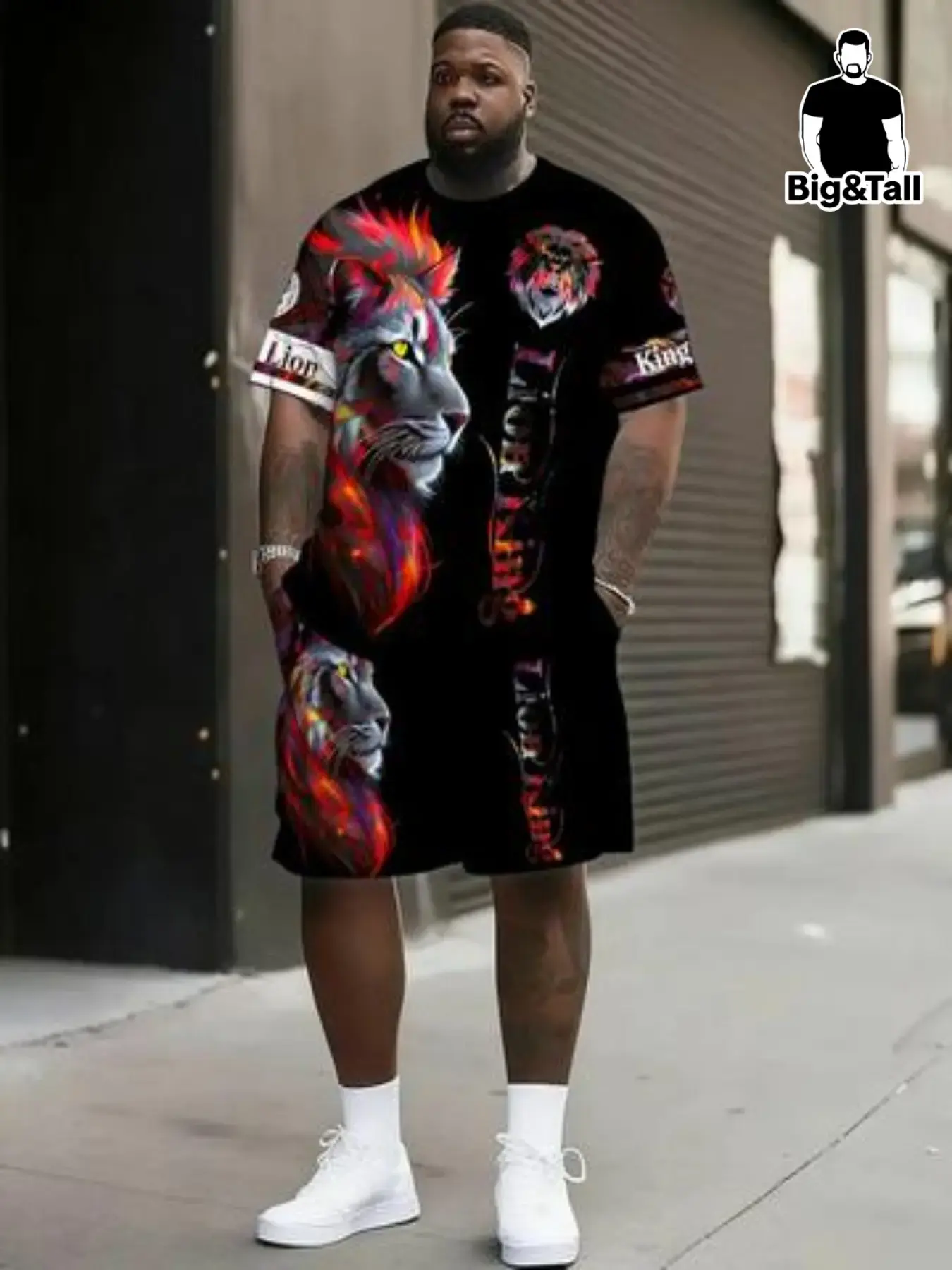 Men's Large Size Lion 3D Print Suit Set, Trendy Round Neck Short Sleeve Shorts Top Two-Piece, Casual Style Set, Menswear Summer Comfort Wear