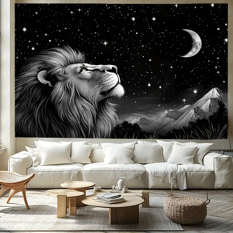 1pc Cool Lion Tapestry, Space Stars Moon Tapestry for Men, Stylish Black Tapestry Wall Hanging for Bedroom Living Room Collage Dorm Decor