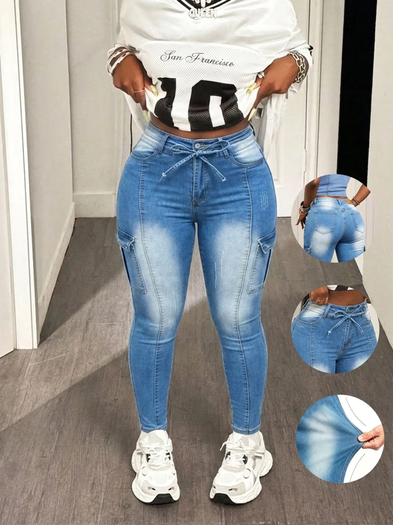 American Style Side Pocket Workwear Jeans for Women, Tie Decoration Butt-Lifting Pants, Street Fashion Casual Jeans for Shopping and Parties
