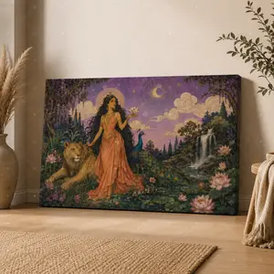 Fantasy Goddess Canvas Wall Art, Mystic Woman with Lion and Peacock Poster, Celestial Nature Painting,  Home Decor, Living Room Bedroom Wall Art, Unframed Canvas Poster or Framed Canvas Wrap