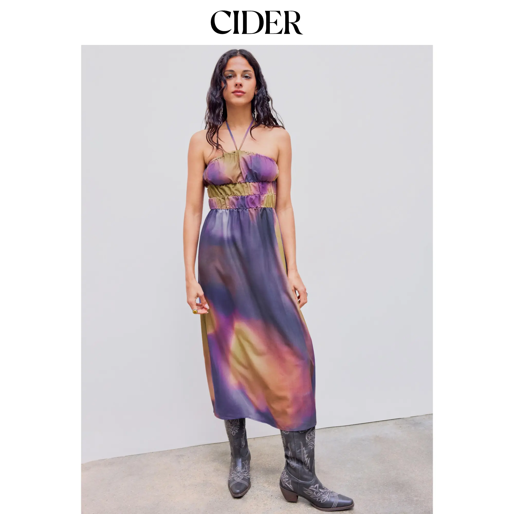 Cider [size 0-10] Chiffon Halter Abstract Shirred Midi Dress SummerFinds