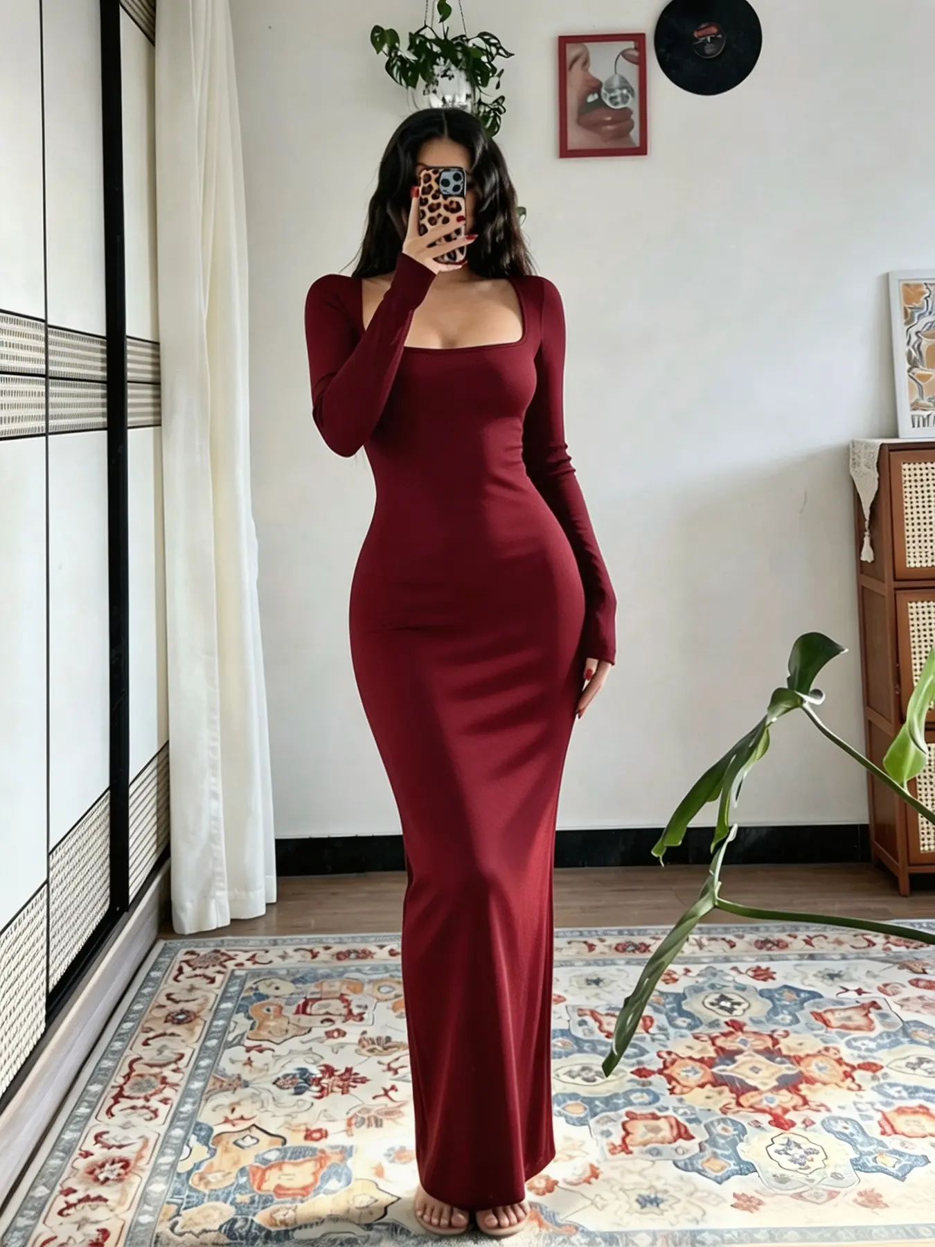 Elegant Women's Long Dress, Slim Fit Square Neck Long Sleeve, Chic Formal Evening Gown, Perfect for Special Occasions, Timeless Style