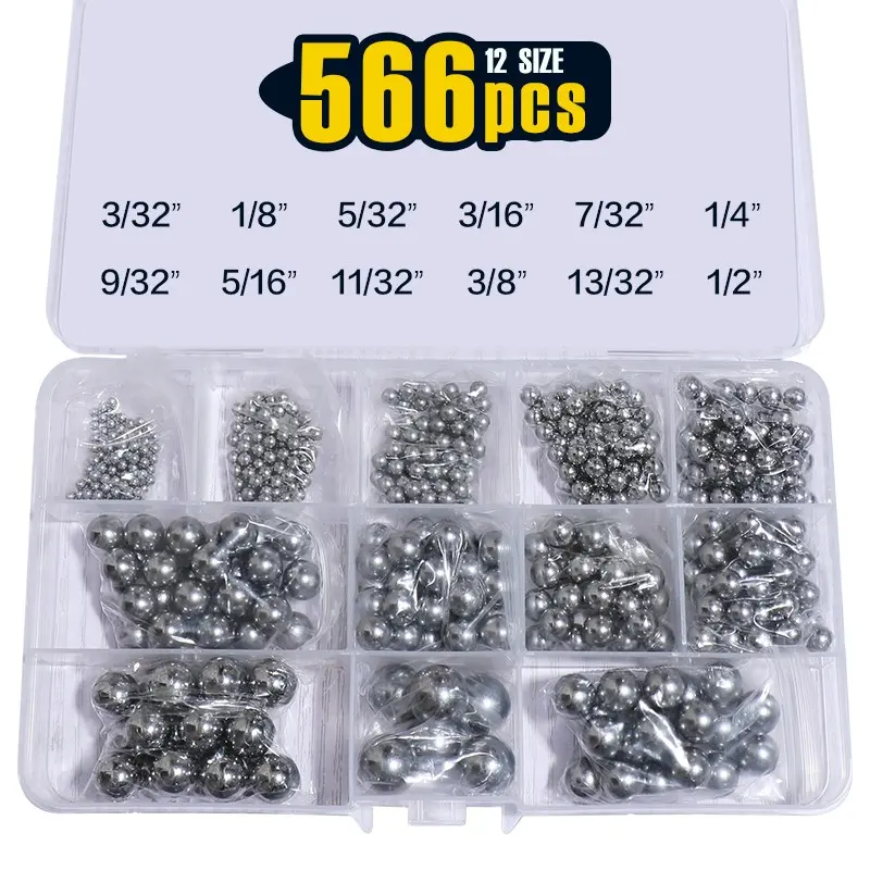 566 Pcs 12 Sizes Durable Precision Crafted Carbon Steel Bearing Ball Assortment Kit 3/32 1/8 5/32 3/16 7/32 1/4 9/32 5/16 11/32 3/8 13/32 1/2”