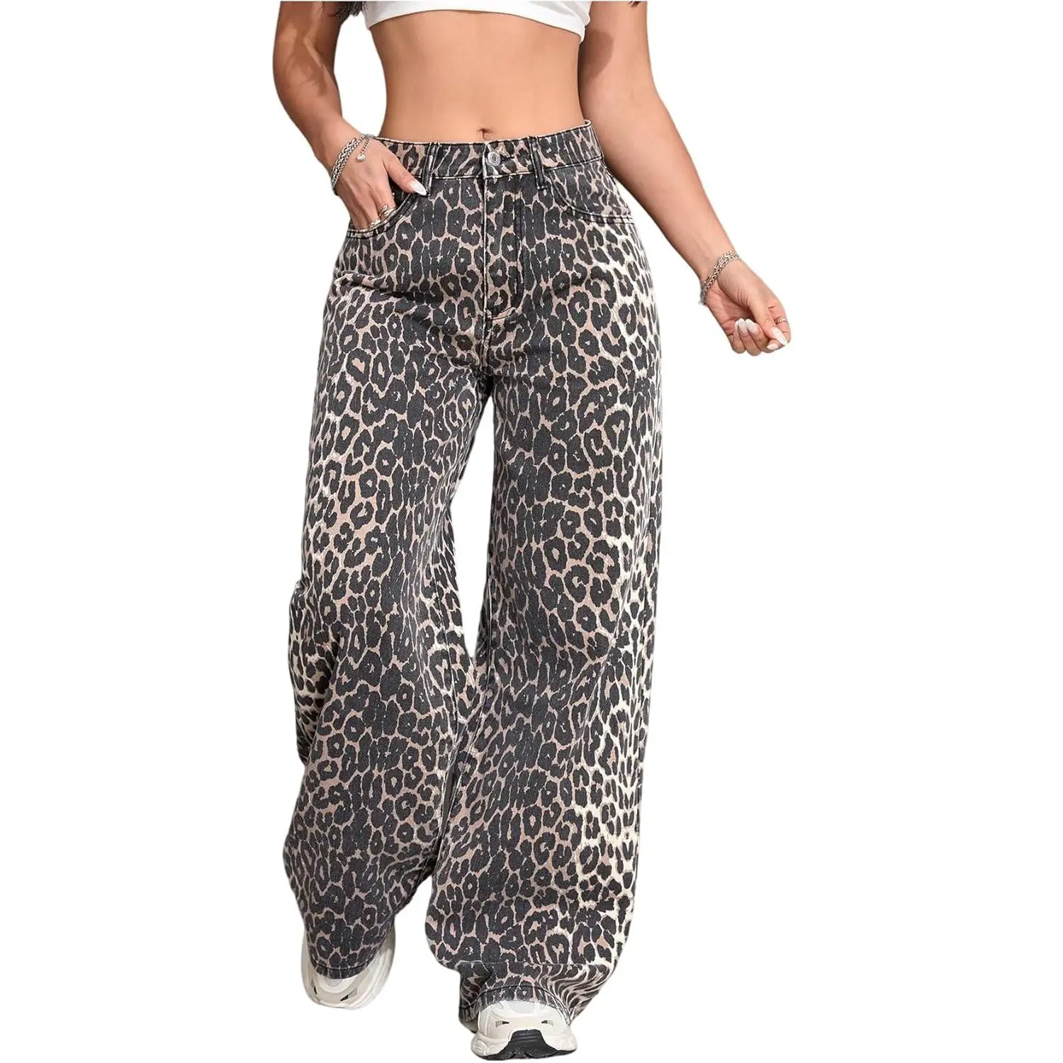 Floerns Women's Leopard Print High-Waisted Loose Wide-Leg Comfortable Denim Fabric Trousers, Casual Bottoms
