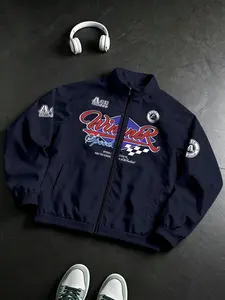 American Racing Winner Checkered Flag Badge Double-Sided Print Stand Collar Zipper Jacket, Smooth Windproof Fabric, Men's Street Outerwear