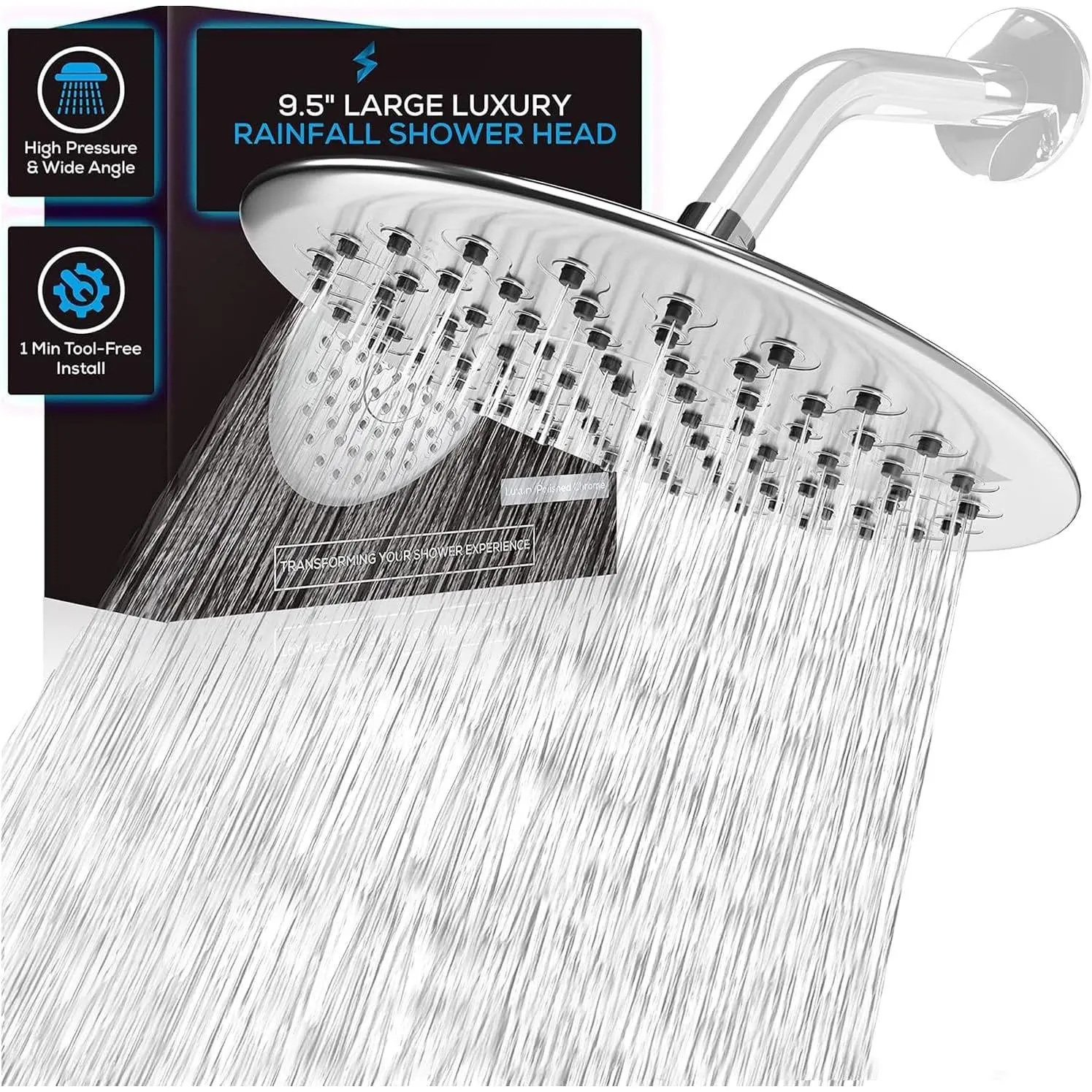 9.5 Inch Large Rain Shower  - Luxury Rainfall Shower  - High  Showerhead, Full  Coverage with Anti-Clog  Nozzles -No Hassle, Easy Install (1/2 NPT, Chrome)