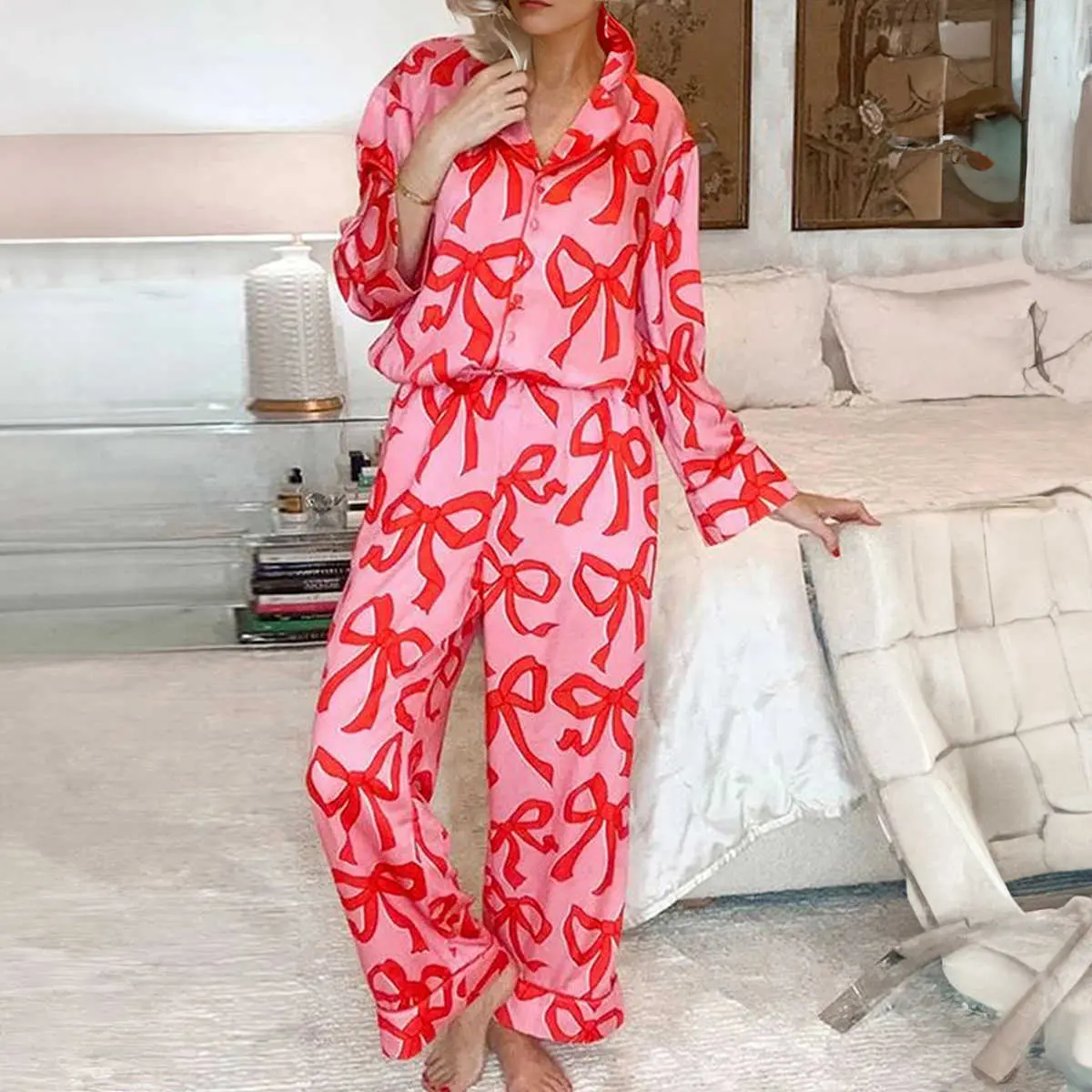 Women's Bow Print Pajama Set, 2-Piece Shirt Style Polyester Nightwear with Long Sleeves and Elastic Waist Pants, Matching, Longsleeves, Top, Loungewear
