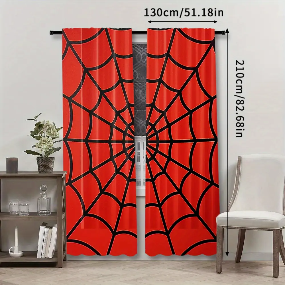 2-Piece Red Spider Web Curtain Set - Black & Red Digital Print, Polyester, Semi-Transparent, Rod Pocket Installation, Machine Washable, Decor for Living Room, Bedroom (Rod Not Included), Two Piece Set european style study home office hotel winter scene ri