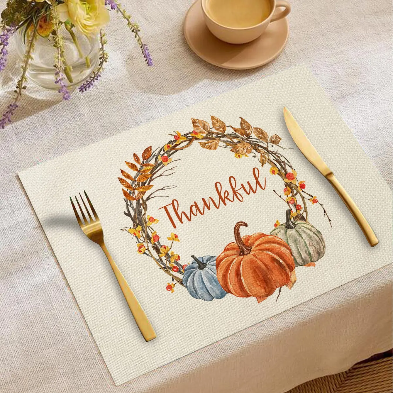Autumn Thanksgiving Harvest Pumpkin Maple Leaf Table Placemats, Heat Resistant, Minimalist Style, Ideal for Festive Dinners and Daily Use