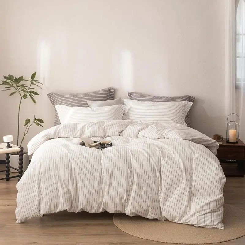Queen Size 3-Piece Duvet Cover Set, Washed Soft Cotton Linen-Feel Stripe Bedding, Zipper Closure, Breathable Neutral Bedding for Modern Bedroom Decor