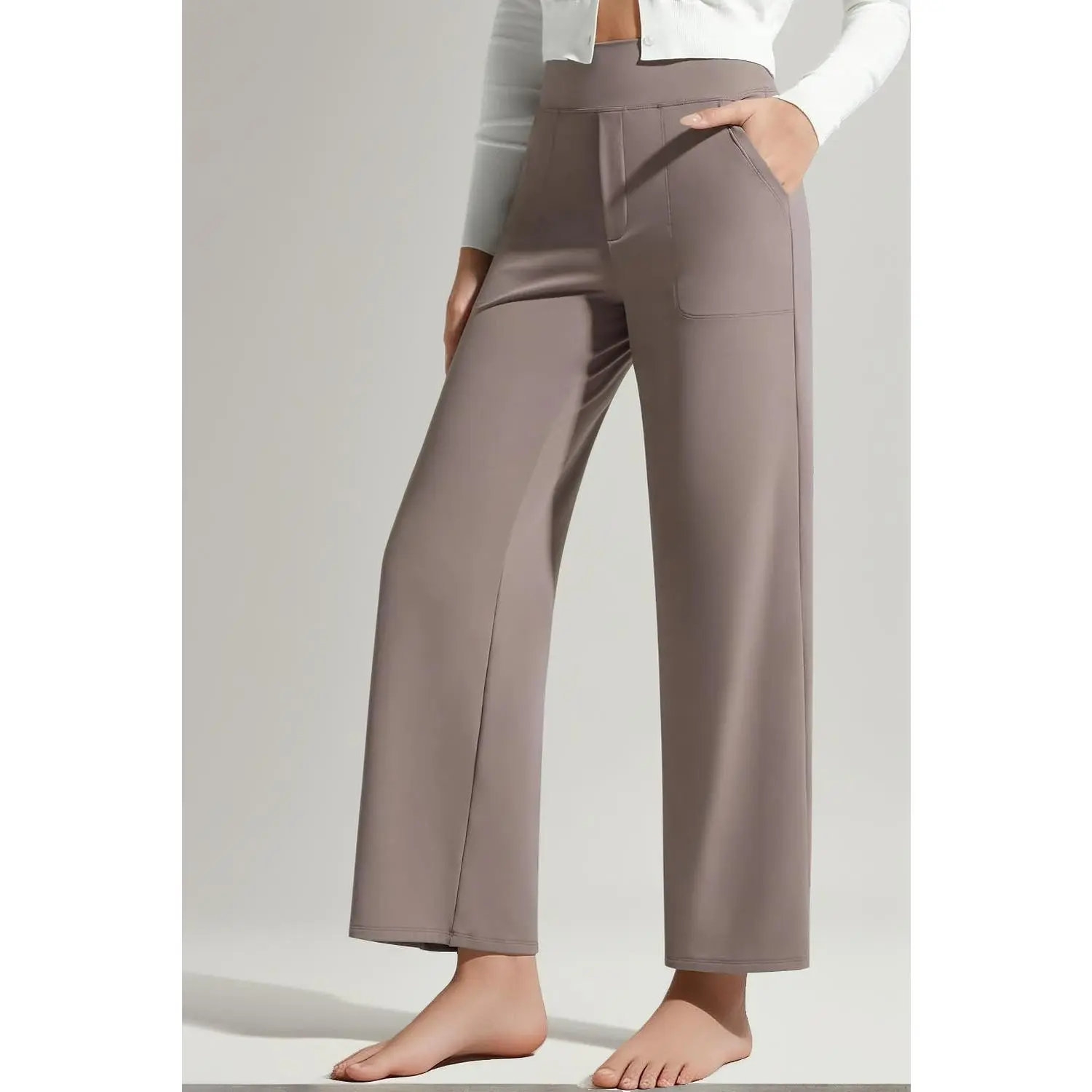 7/8 Length Wide Leg Yoga Pants for Women with Pockets High Stretch Waist Copped Pants Casual