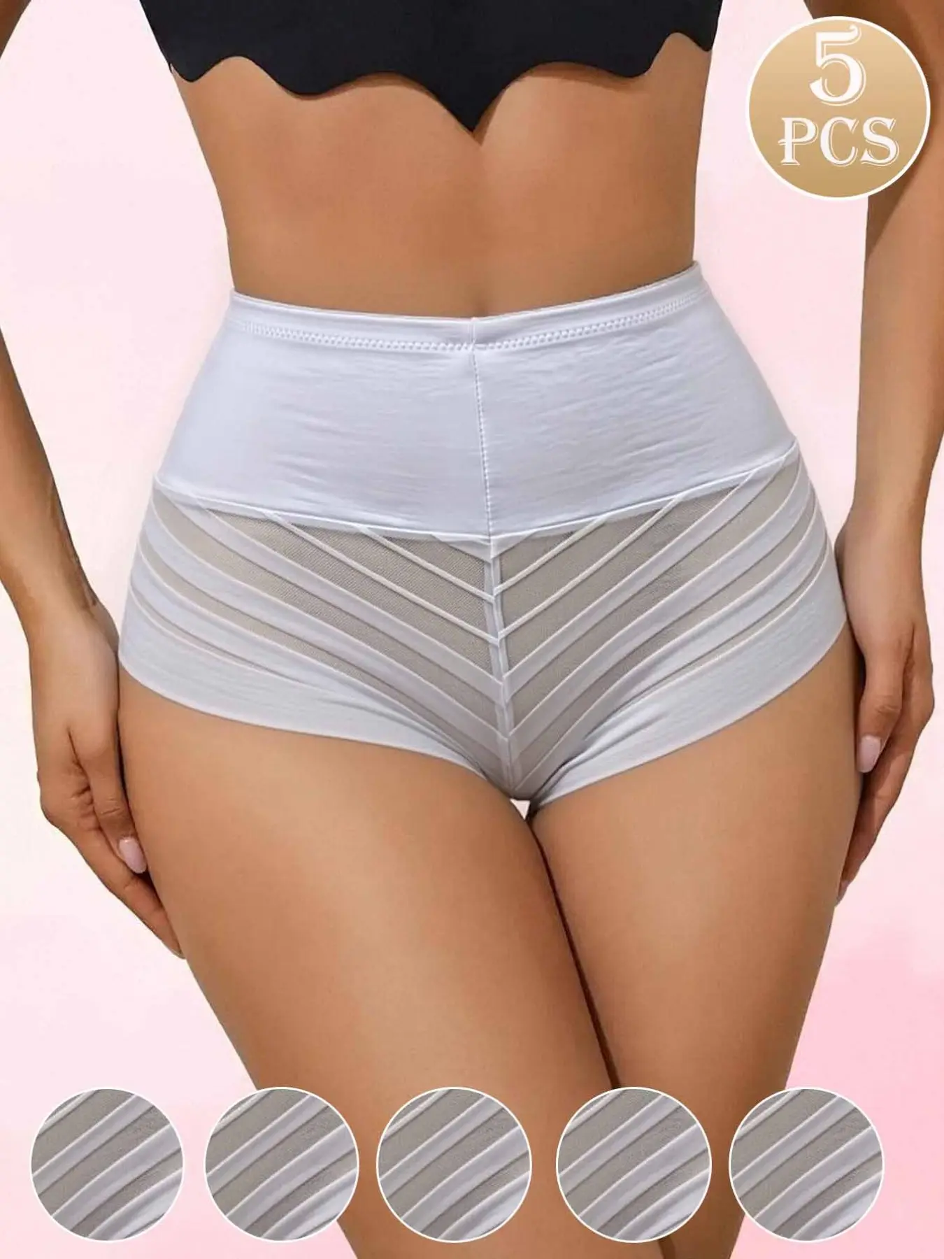 5 Pcs High-Waisted V-Neck Mesh Patchwork Briefs, Transparent Seamless Stretch Four-Way Shorts, Fashionable Sensory Design Women's Daily Underwear