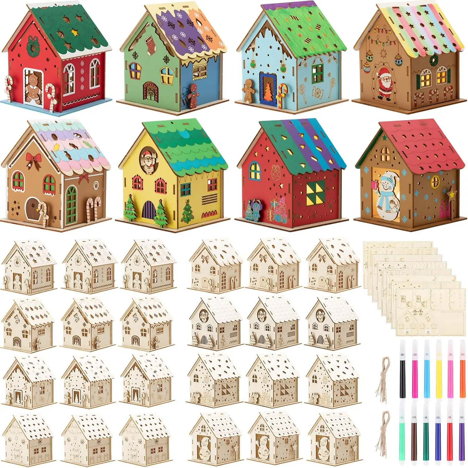 24 Sets Wooden Christmas Houses,  Gingerbread Village Kit
