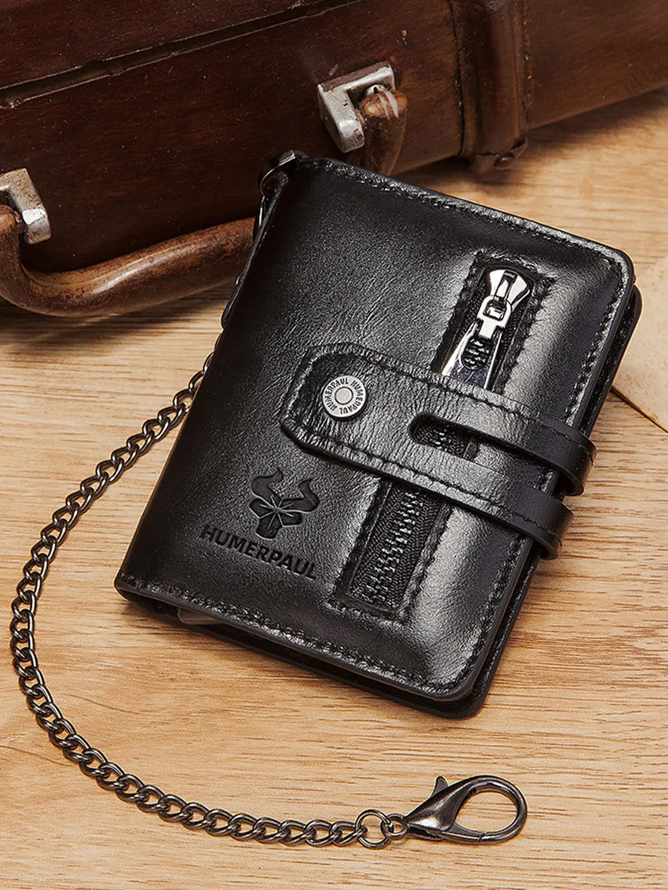 Mens Wallet with Chain Genuine Leather Purse RFID Blocking Bifold Double Zipper Coin Pocket with Anti-Theft Chain Leather Wallets