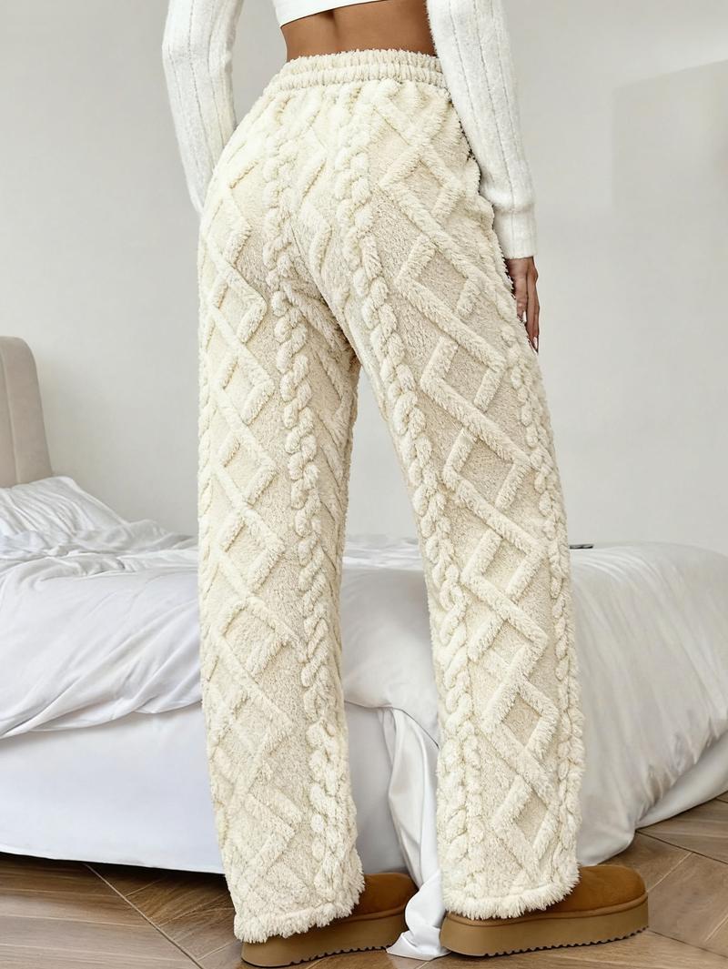 Women's Winter Lined Casual Pants - Jacquard Fabric & Drawstring Waist, Suitable for Home/Outdoor Wear Women's Winter Lined Casual Pants - Jacquard Fabric & Drawstring Waist, Suitable for Home/Outdoor Wear