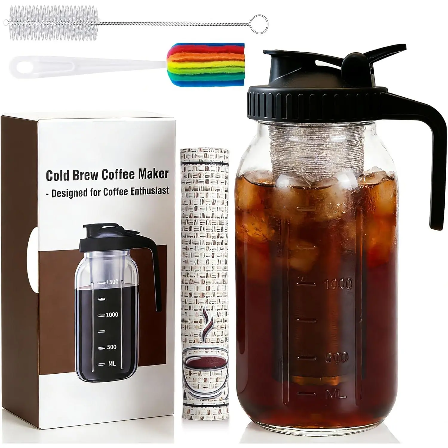Cold Brew Coffee Maker, 64oz Cold Brew Pitcher with Stainless Steel Filter & Coffee Mat, Glass Cold Brew Mason Jar with Airtight Lid, Cold Brew Brewer Kit Tea Infuser Pitcher, Gifts for Coffee Lovers