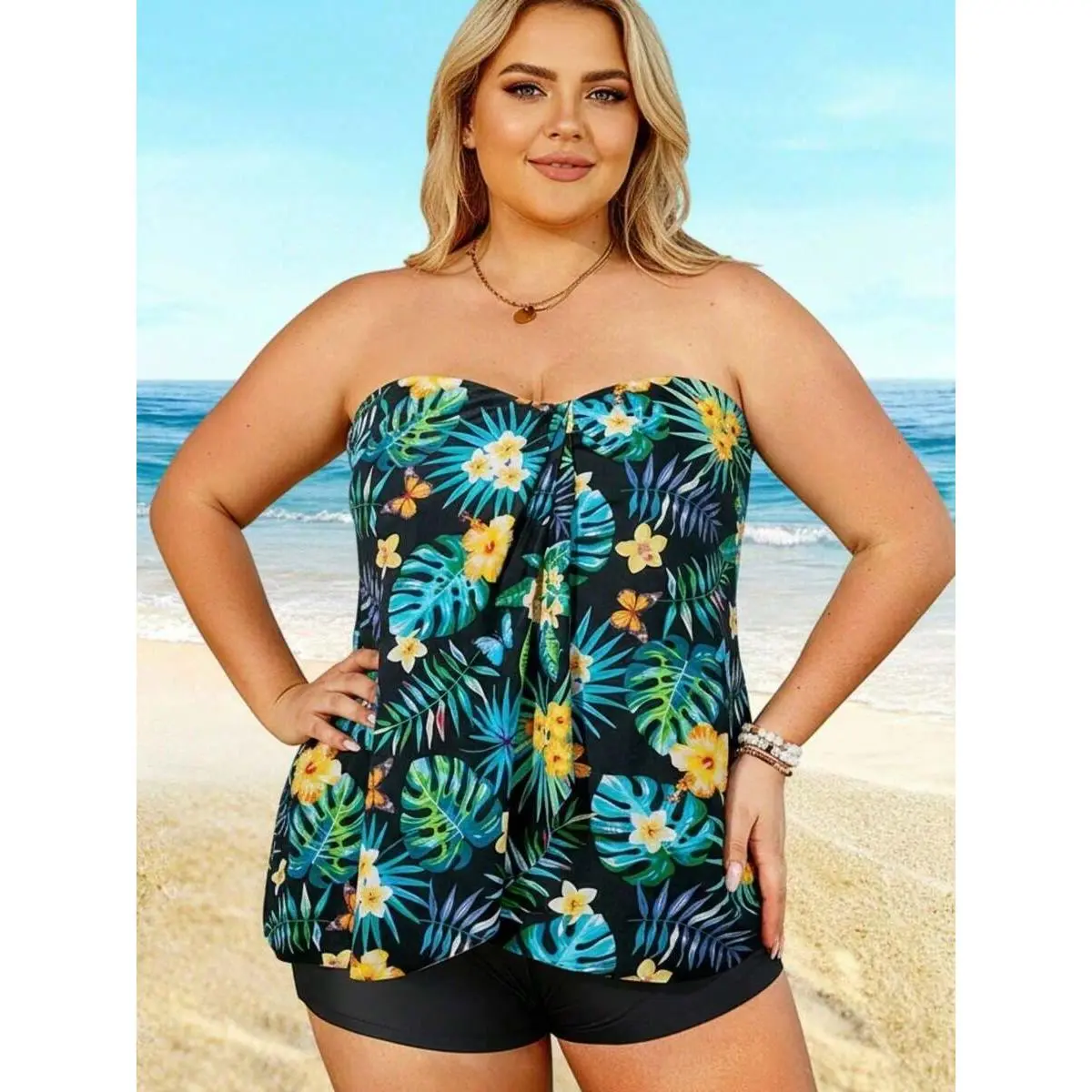 Women's Fashion Tankini Set, Boho Tropical Print Knit Fabric, Tie-Front Bandeau Top with High Waisted Long Cut Shorts for Beach Wear