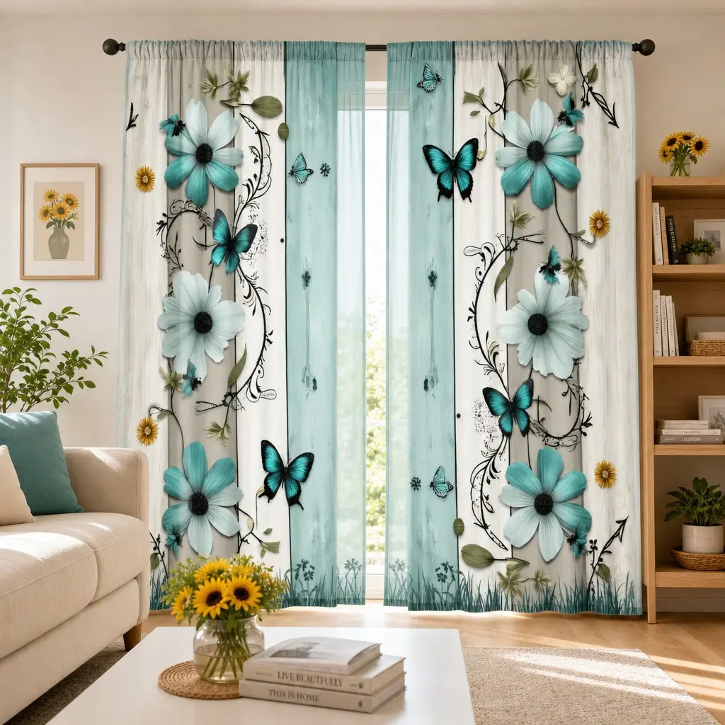 2-Pack Blue Daisy Butterfly Floral Window Curtains, Rustic Wood Grain Design, Easy Clean, Privacy, for Living Room, Bedroom, Kitchen, Bathroom