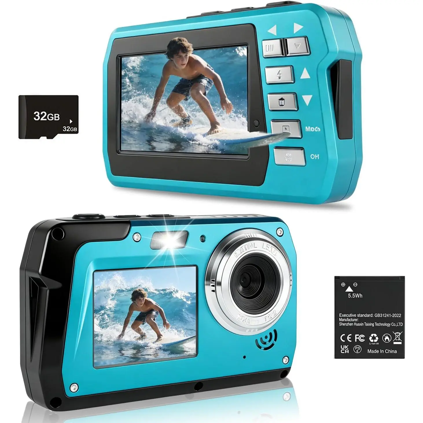 Underwater Camera 4K 48MP, -Screen  Digital Camera, 10.83FT Dive for Swimming Travel, 16X Zoom Fill Light, 32GB Card, Blue