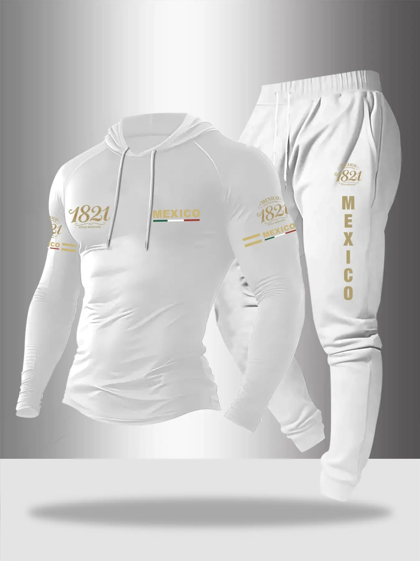 Men's Sporty Casual Set, Sport Casual Outfit, Hoodie Tracksuit, Hooded Drawstring Long Sleeve Shirt + Jogger Pants, Mexico Print, Streetwear Style, Fitness & Daily Wear