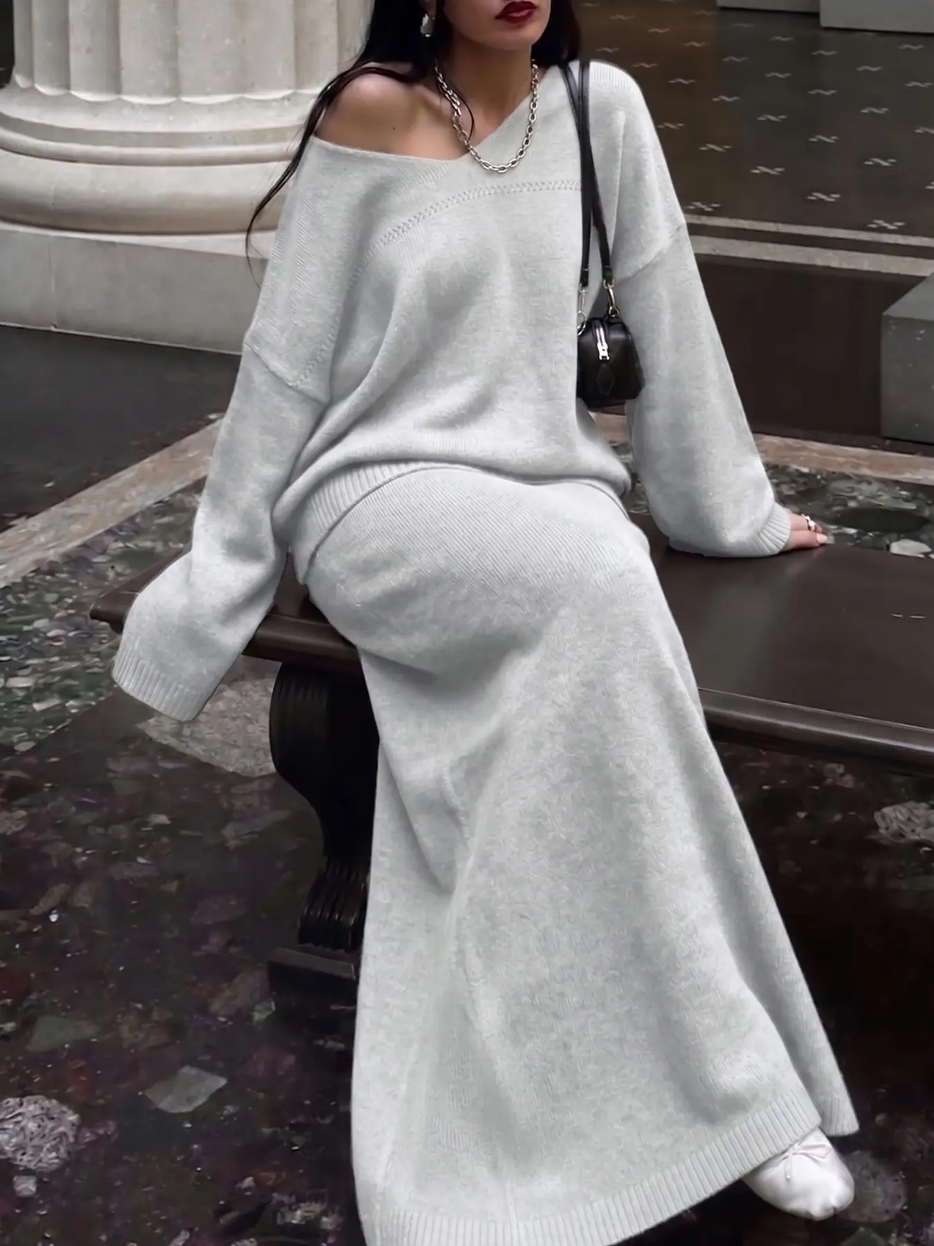 Women's Lazy Style V-Neck Knit Two-Piece Set, Long Sleeve Top and Midi Skirt, Perfect for Outing, Date, Commute, Versatile Knitwear