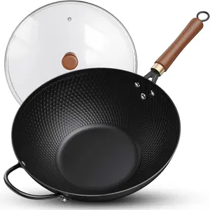 13-Inch Carbon Steel Wok Pan with Glass Lid, Naturally Nonstick Pre-Seasoned Woks & Stir-Fry Pans, No Chemical Coating, Flat Bottom for Induction, Gas, Electric, Halogen & All Stoves