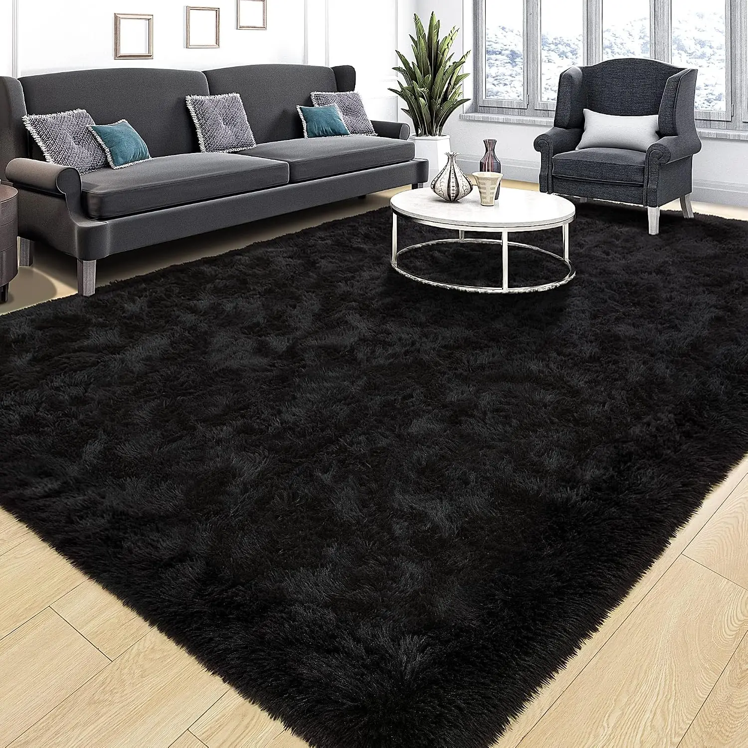 Super Soft Fluffy Rug for Bedroom, Modern Shaggy Fuzzy Kids Rugs for Living Room, Plush Indoor Nursery Home Decor Dorm Carpet with Non-Slip Bottom, Black, 4 X 6 Feet