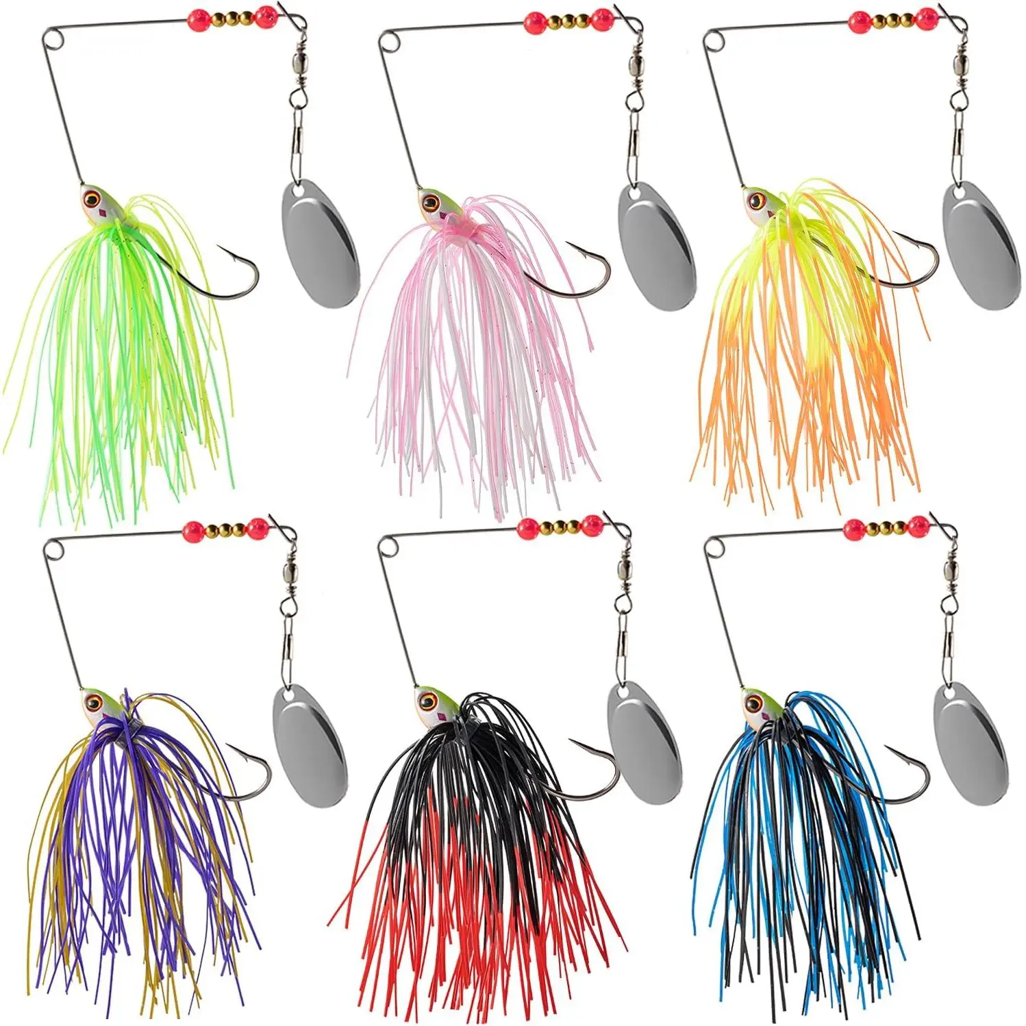 3/8oz Spinner Baits Kit with Synthetic Hand-Tied Skirts & Reflective Sequins, 6-Count Freshwater Fishing Lures for Bass, Walleye, Pike