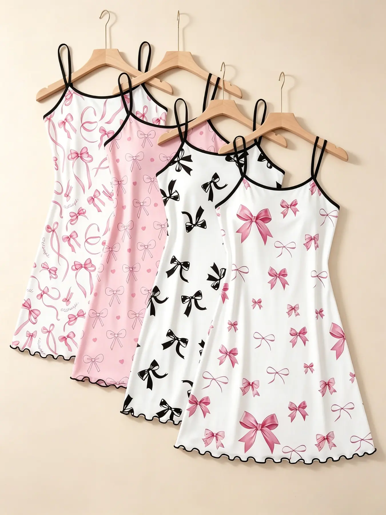 Women's Sleepwear & Loungewear Multipack Set, Soft Casual Nightdress, Printed Nightgown, Pink Black Bow Print Summer Spaghetti Strap Ruffle Lettuce Hem Contrast Trim Soft Breathable Lightweight Sleeveless Cami Nightgown Casual Slip Dress Home Daily Wear