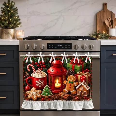 Festive Xmas Kitchen Apron, Gingerbread Man Lantern Design, Ruffle Edge, Perfect for Holiday Home Decoration, Cooking Apron