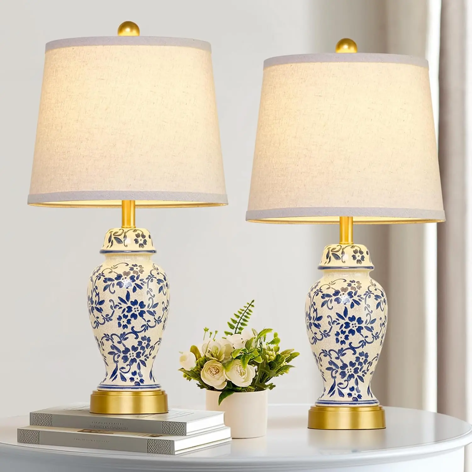 Set of 2 Traditional Gold Chinoiserie Blue Porcelain Ceramic Table Lamps with 2 LED Bulbs - Indoor Ambient Home Improvement Decor for Living Room, Bedroom Nightstand, Entryway, Ambient Light