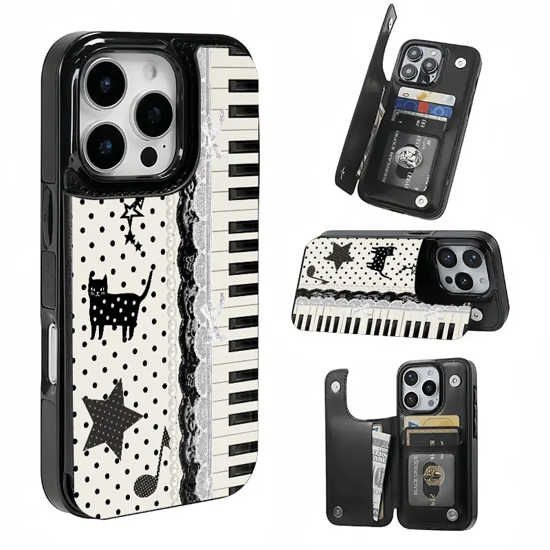 Mobile phone case: piano, star, cat and music note texture card pack mobile phone case, compatible with iPhone 17 Pro Max/Air/16/15/14/13/12/11 series and Samsung S22/S23/S24/25 series, gift