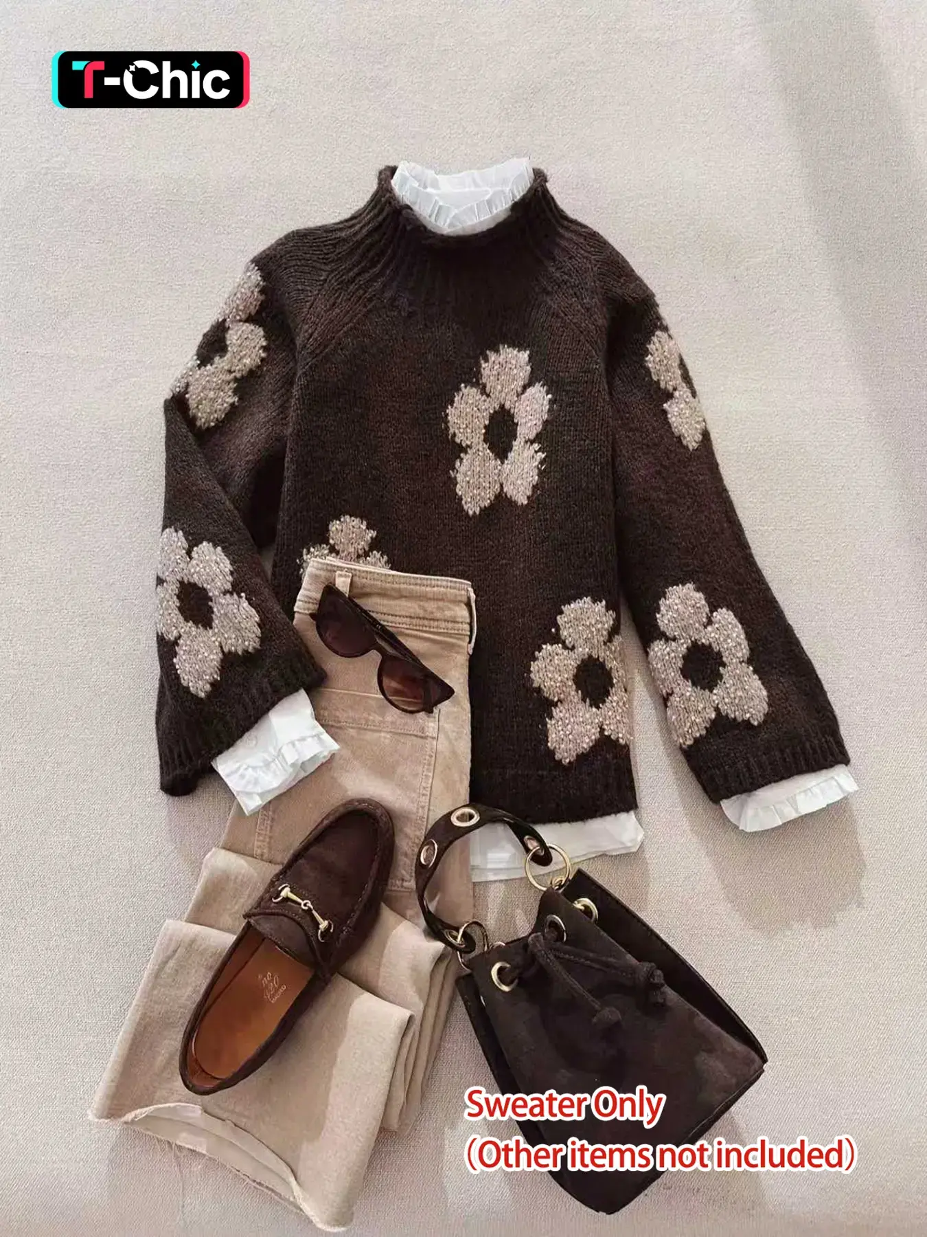 Elegant Micro High Neck Knitted Sweater Pullover, Knitwear, Floral Embroidery Pattern, Earth Tone, Loose Fit, Casual Style, Fall & Winter Women's Clothing