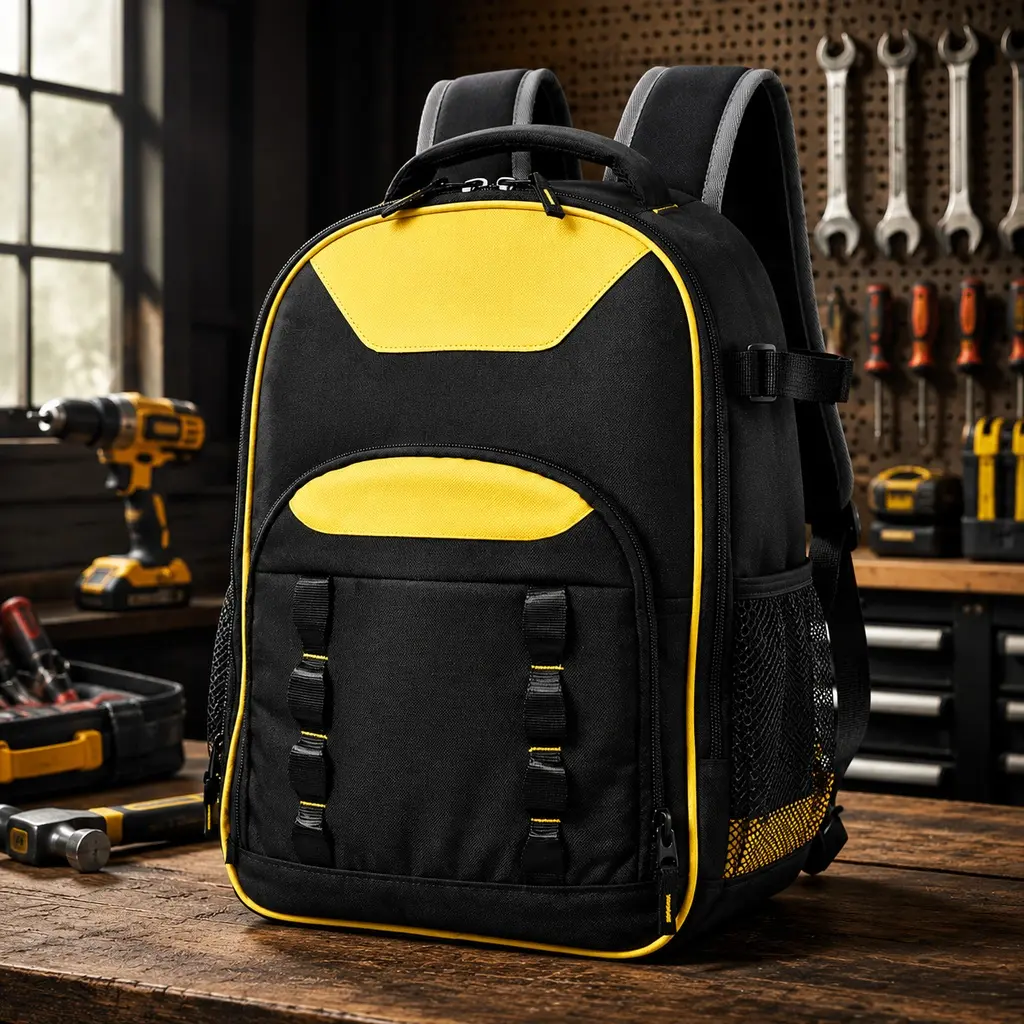 Unisex Adults ARCH Heavy-Duty Oxford Cloth Tool Backpack, 600D Tear-Resistant, 25kg Load Capacity, 7.00 w x 14.50 d x 18.80 h in, High-Capacity, Built-In Organizer, Laptop & Power Tool Compartments, Padded Ergonomic Backrest, Black/Yellow