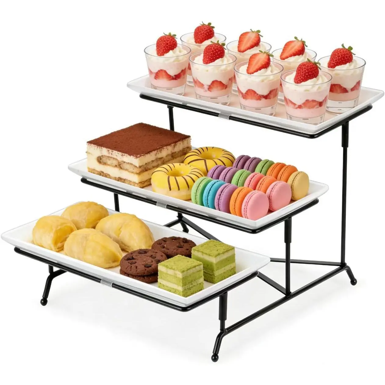 3 Tier Serving Tray, 12" White Plastic Tiered  Serving Platters,  Tray Stand Black Collapsible Metal Stand with   Bars, Party Display Stands for Veggie Fruit, Dessert