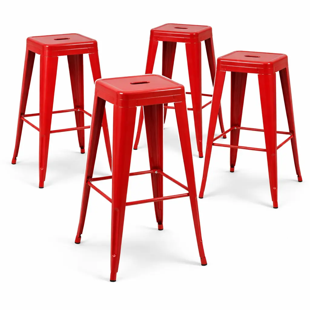 Salsa Red Metal Bar Stools Set of 4, 30 Inch Retro Industrial Bar Height Stools, Vibrant Red Bistro Stools with Footrest, One-Piece Steel Barstools for Restaurant & Patio