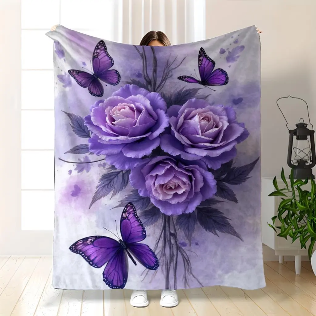 Purple Rose and Butterfly Fleece Throw Blanket | Digital Print, Contemporary Style, Machine Washable, Suitable for All Seasons, 280gsm Flannel, Polyester - Christmas Gifts