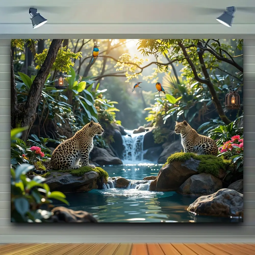 1pc Multi-Function Rainforest Landscape Tapestry - Vibrant Jungle Scene with Leopards, Waterfalls & Lush Greenery - 100% Polyester Wall Hanging, Decorative Tapestry for Home & Office, Boho Decor - Perfect for Parties, Photo Backdrops