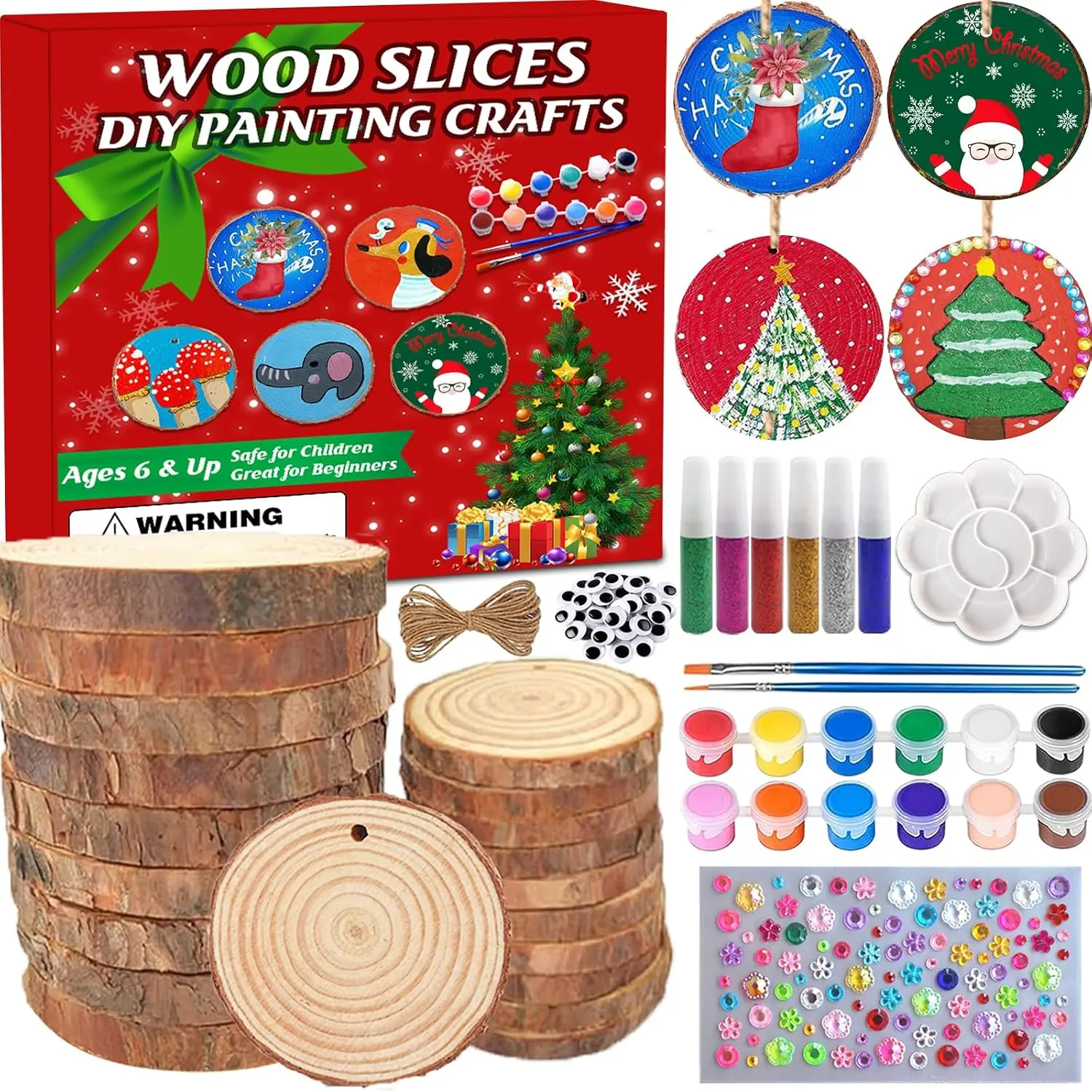 Christmas Ornament Craft Kit - 20 count  Round  Slices with Painting Supplies for Family, Make Your Own  Xmas Tree Decorations, DIY Homemade Wooden Ornaments & Holiday Decor