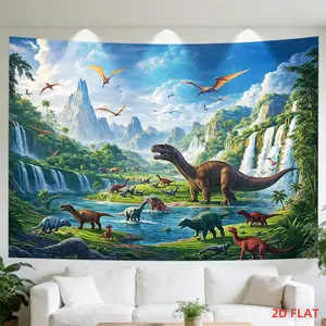 2D Flat, [2D Plane Printing] 1 Large Size/small Size Pattern Printed Tapestry- Dinosaurs, Vibrant Landscape, Waterfalls, Lush Foliage, Pterodactyls., Room Wall Decoration, Non-luminous, Suitable for, Living Room, Meditation, Office, Party Decoration